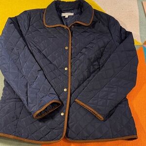 Talbots Quilted Barn Jacket Navy Blue w/ Brown Trim Snap Front Large petite